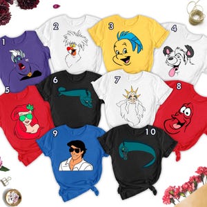 The Little Mermaid Princess Shirts, Mermaid Family Costume Face Matching Shirts, Ariel Eric Sebastian Ursula Halloween Costume Group Tee