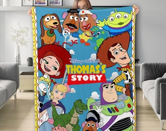Personalized Toy Story Blanket, Custom Name Woody Buzz Lightyear Jessie Blanket, Gift For Boy, Toy Character Story Team Blanket