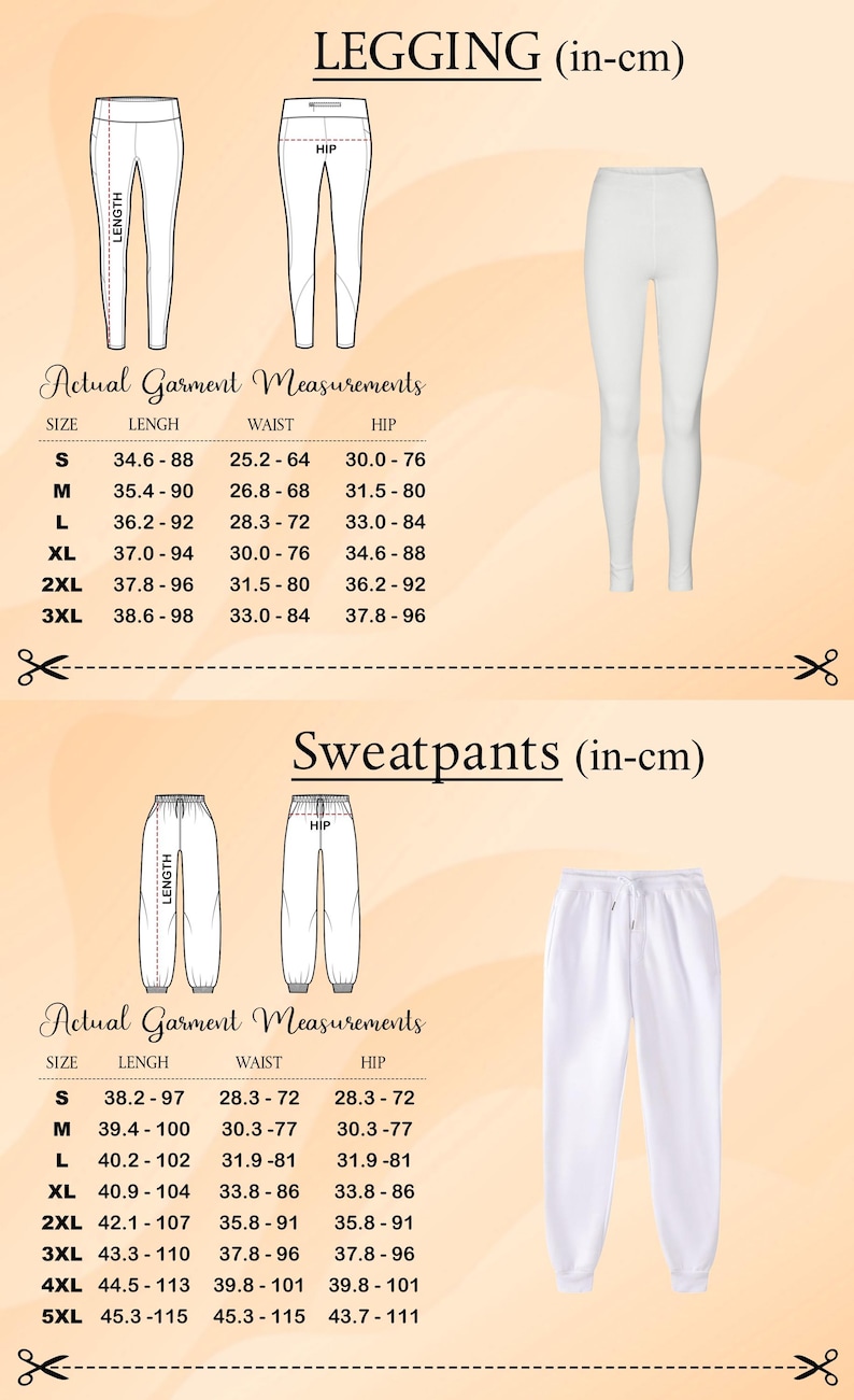 a collection of images depicting leggings and sweatpants, along with their actual garment measurements. The images show the actual measurements of the leggings and sweatpants, providing a visual representation of how they would fit.