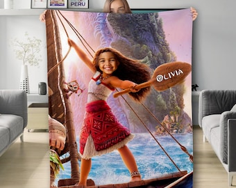 Personalized Moana Princess Family Blanket, Custom Face And Name Animated Moana Blanket, Moana Princess Blanket, Moana 2 Movie Blanket