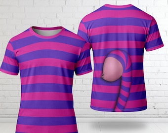 Cheshire Cat Purple Blue Stripe Cat Halloween 3D Shirt, Halloween Costume Family Group T Shirt, Mysterious Cat Character Cosplay Costume Tee