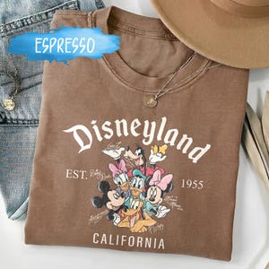 Puede incluir: Camiseta marr&oacute;n con la palabra "Disneyland" en una fuente vintage, y personajes de dibujos animados como Mickey y Minnie Mouse. La camiseta tambi&eacute;n incluye el texto "EST. 1955 CALIFORNIA".