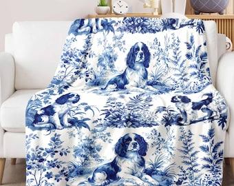 Trendy Cavalier King Charles Spaniel French Toile de Jouy  Blanket, Blue Toile Blanket For Family, Gift for Dog Lover, Mother's Day Blanket