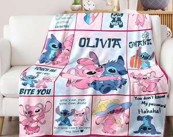 Personalized Stitch Angel Disney Blanket, Custom Name Disney Stitch Blanket, Disney Trip Blanket Gifts, Ohana Means Family Birthday Blankets