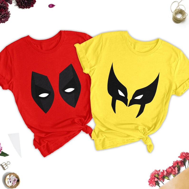 Deadpool & Wolverine Mask Costume Halloween Shirt, Deadpool Mask Tee, Wolverine Mask Shirt, Funny Superhero Halloween Cosplay Costume image 1