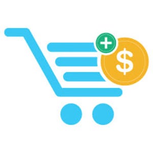 May include: A blue shopping cart icon with a green plus sign and a gold coin with a dollar sign. The icon represents adding items to a shopping cart.