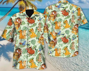 Camisa hawaiana de Disney El Rey León, camisa con botones de Simba, Timón y Pumba, camisa de El Rey León, camisa de viaje de safari de Disney a Hawái