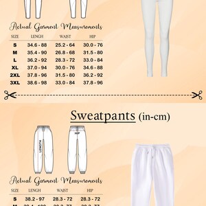 a collection of images depicting leggings and sweatpants, along with their actual garment measurements. The images show the actual measurements of the leggings and sweatpants, providing a visual representation of how they would fit.