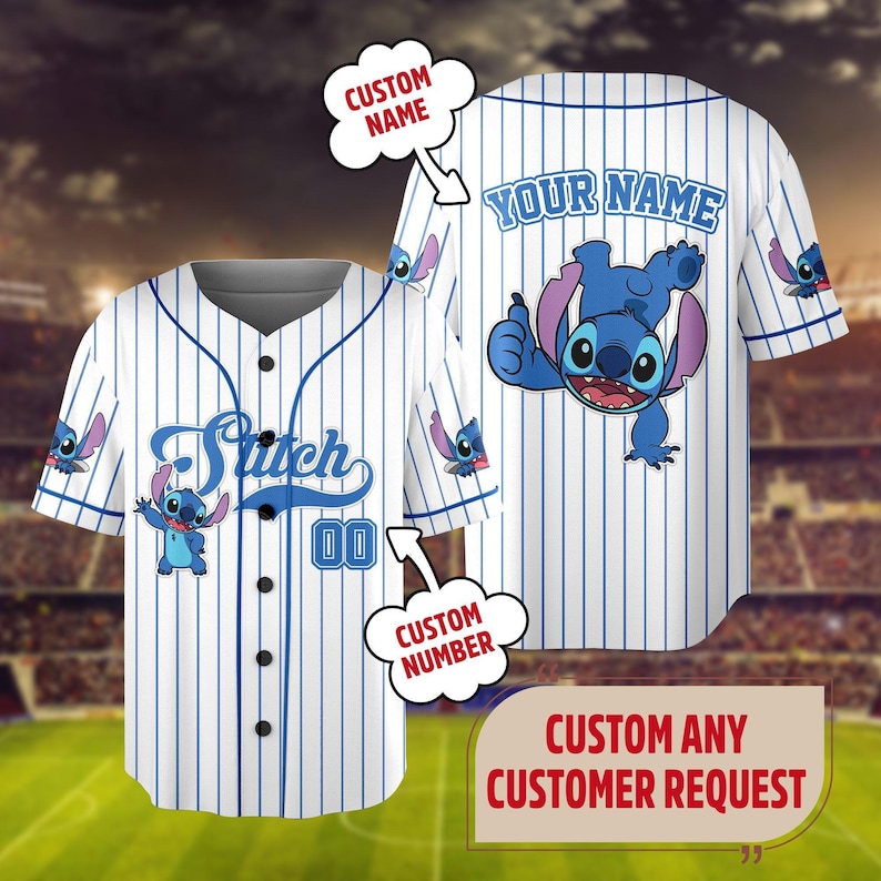 Personalized Stitch Baseball Jersey, Custom Kid Youth Adult Lilo and Stitch Baseball Shirt, Magic Kingdom Trip Outfit, Cute Birthday Gift image 1