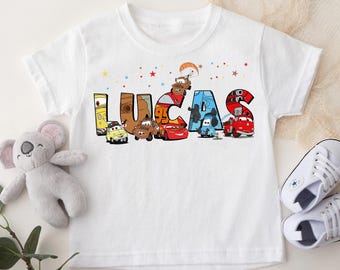 Personalized Car Characters Alphabet Family Trip Matching T-Shirt, Custom Name Racing Car Squad Shirt, Animated Party Theme RE