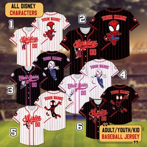 May include: Collection of baseball jerseys featuring various Spider-Man characters. The jerseys are white, black, and red, with pinstripes and character graphics. Each jersey has a number and the option to add a name. The text "ALL DISNEY CHARACTERS" is at the top.