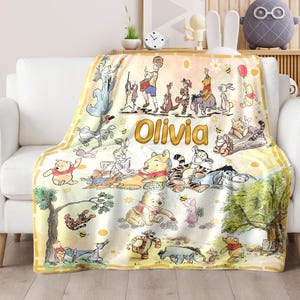Custom Name Pooh Bear And Friends Blanket, Watercolor Cute Winnie The Pooh Blanket, Pooh Blanket, Magic Kingdom Blanket, Birthday Gift