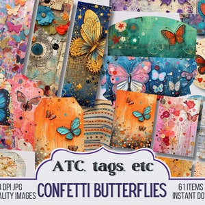 Könnte beinhalten: Eine digitale Collage aus bunten Schmetterlingsbildern mit verschiedenen Texturen und Mustern. Die Bilder sind in einem Raster angeordnet, mit dem Text "ATC tags etc CONFETTI BUTTERFLIES 61 ITEMS TOTAL INSTANT DOWNLOAD" am unteren Rand.