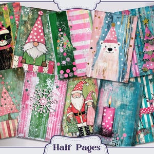May include: A set of 10 digital paper designs featuring a Christmas theme. The papers feature a variety of festive elements, including gnomes, reindeer, snowflakes, and Christmas trees. The papers are in a variety of colors, including pink, green, blue, and white.