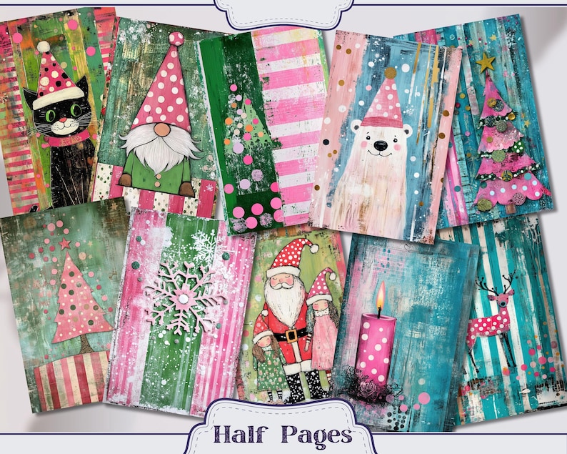 May include: A set of 10 digital paper designs featuring a Christmas theme. The papers feature a variety of festive elements, including gnomes, reindeer, snowflakes, and Christmas trees. The papers are in a variety of colors, including pink, green, blue, and white.
