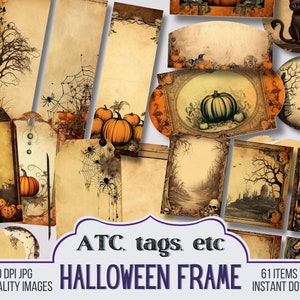 Halloween Frame Printable Ephemera Pack, Printable Halloween ATC, Pockets, Tags, Envelopes, Junk Journal Printable Scrapbooking Supplies
