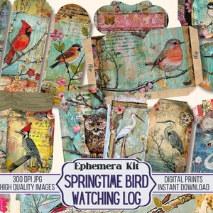 Pode incluir: Um conjunto de efêmeras digitais com ilustrações de pássaros, flores e elementos botânicos. Os designs incluem etiquetas, cartões de diário e elementos decorativos. O texto na imagem diz "Ephemera Kit SPRINGTIME BIRD WATCHING LOG DIGITAL PRINTS INSTANT DOWNLOAD".