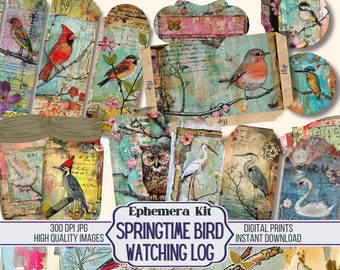 Kit de diario basura con registro de observación de aves de primavera, entradas, ATC, etiquetas, bolsillo, material para álbumes de recortes, 81 artículos digitales imprimibles