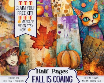 May include: A collage of digital art prints with a fall theme. The image includes a pumpkin, a maple leaf, and a cat. Text includes "Claim Your Free Kit!" and "Fall is Coming". The artwork is in warm colors.