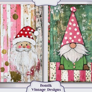 May include: Two wooden signs with painted Christmas characters. The left sign features a Santa Claus with a white beard and red hat with white polka dots. The right sign features a gnome with a white beard and a red hat with white polka dots. Both signs have a pink and white striped background.