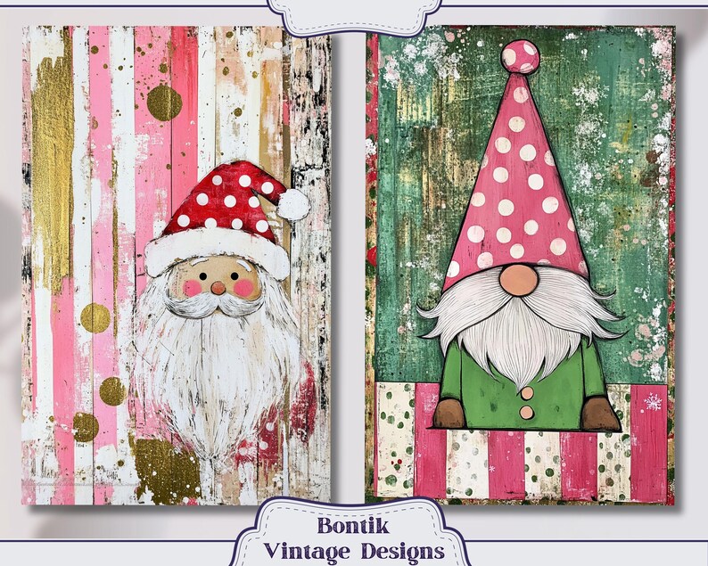 May include: Two wooden signs with painted Christmas characters. The left sign features a Santa Claus with a white beard and red hat with white polka dots. The right sign features a gnome with a white beard and a red hat with white polka dots. Both signs have a pink and white striped background.