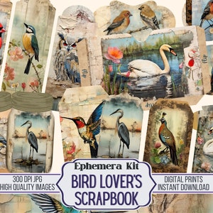 Kit de itens de scrapbook Junk Journal do Bird's Lover, ingressos, ATC, etiquetas, bolso, suprimentos para scrapbook, 81 itens digitais para impressão