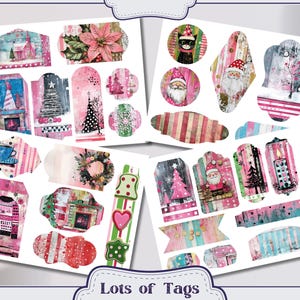 May include: A set of 20 printable Christmas gift tags featuring a variety of designs with pink, red, white, and blue colors. The tags feature images of Christmas trees, Santa Claus, a fireplace, and other wintery scenes. The text "Lots of Tags" is printed at the bottom of the image.