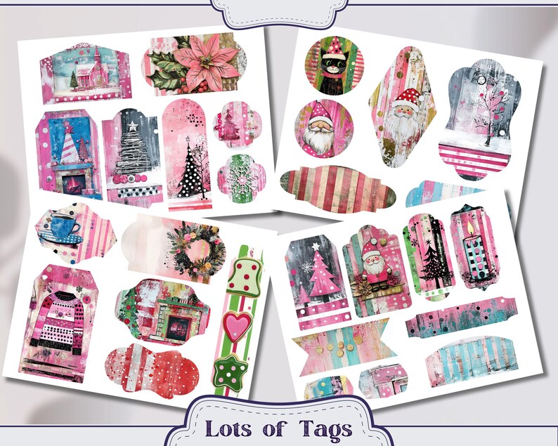 May include: A set of 20 printable Christmas gift tags featuring a variety of designs with pink, red, white, and blue colors. The tags feature images of Christmas trees, Santa Claus, a fireplace, and other wintery scenes. The text "Lots of Tags" is printed at the bottom of the image.