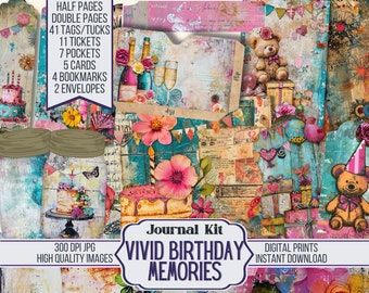 Vivid Birthday Memories Junk Journal Kit Ephemera, ATC, Tags, Pocket, Journal Scrapbook Supply, Over 100 Digital Printable Items