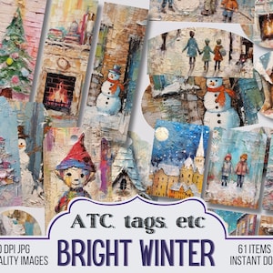 Ölgemälde helles Winter Junk Journal Ephemera, ATC Karten, Tags, Tasche, Kreise, Journal Scrapbook Versorgung - 61 Ephemera - Vintage Seiten