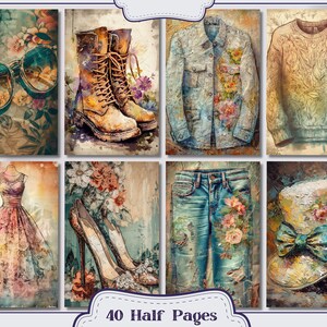 Pu&ograve; includere: Una collezione di otto rappresentazioni artistiche di articoli di moda. Le immagini includono occhiali da sole, stivali, una giacca di jeans, un maglione, un vestito, tacchi alti, jeans e un cappello, tutti adornati con accenti floreali. Il testo "40 Half Pages" &egrave; in basso.