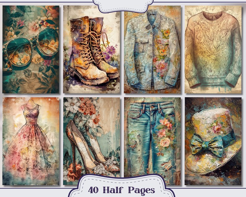 Pu&ograve; includere: Una collezione di otto rappresentazioni artistiche di articoli di moda. Le immagini includono occhiali da sole, stivali, una giacca di jeans, un maglione, un vestito, tacchi alti, jeans e un cappello, tutti adornati con accenti floreali. Il testo "40 Half Pages" &egrave; in basso.