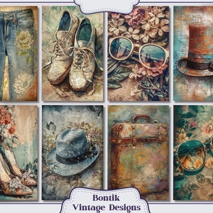 May include: A collage of vintage-inspired images featuring a pair of blue jeans with floral designs, a pair of white sneakers, a pair of sunglasses, a top hat, a suitcase, a hat, and a pair of sunglasses. The images are all in a vintage style with a faded and textured look.