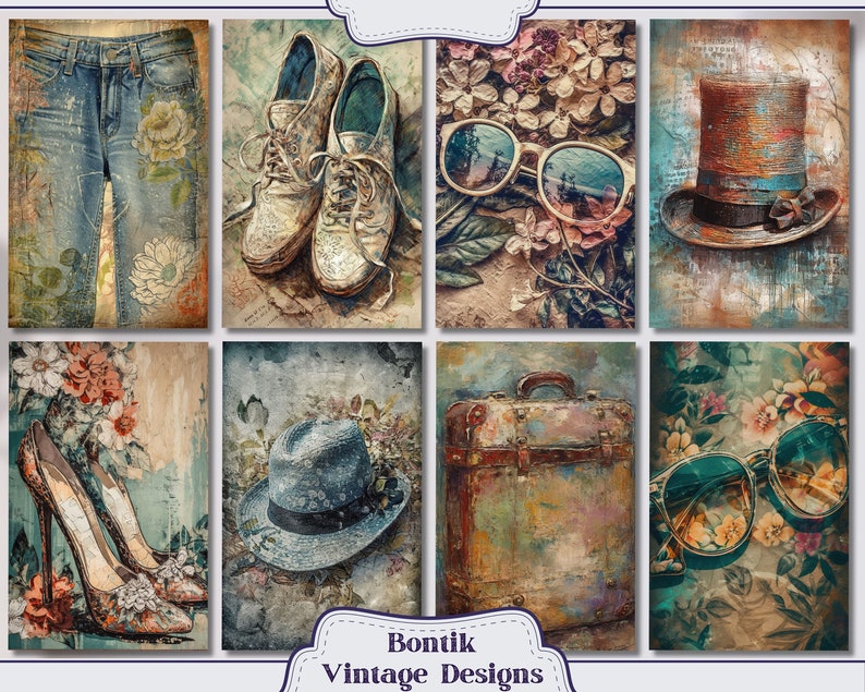 May include: A collage of vintage-inspired images featuring a pair of blue jeans with floral designs, a pair of white sneakers, a pair of sunglasses, a top hat, a suitcase, a hat, and a pair of sunglasses. The images are all in a vintage style with a faded and textured look.