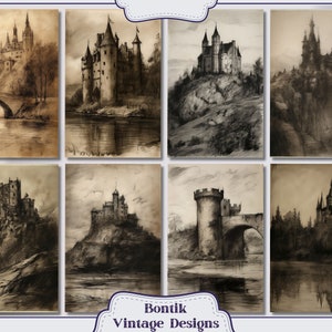 May include: A collection of eight vintage drawings of castles on hills and by rivers. The drawings are in black and white and have a sepia tone.