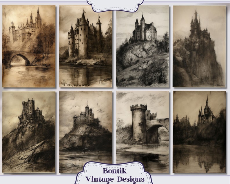 May include: A collection of eight vintage drawings of castles on hills and by rivers. The drawings are in black and white and have a sepia tone.