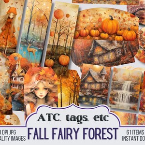 Peut inclure: Un collage numérique d'images sur le thème d'une forêt de fées d'automne. Les images comprennent des fées, des citrouilles, une cascade, un pont, un cerf et un chalet. Le texte "ATC. tags. etc FALL FAIRY FOREST 61 ITEMS TOTAL INSTANT DOWNLOAD" est en bas du collage.