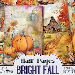 Bright Fall Vintage Junk Journal Half Papers, Scrapbook Supply - 22 Autumn Junk Journal Pages, Vintage Page, Digital Download, Halloween