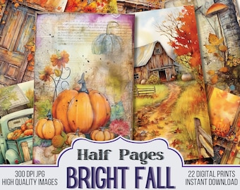 Bright Fall Vintage Junk Journal Half Papers, Scrapbook Supply - 22 Autumn Junk Journal Pages, Vintage Page, Digital Download, Halloween