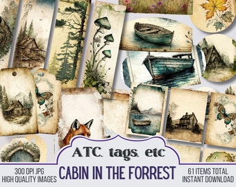 Cabin in the Forest Junk Journal Ephemera, ATC cards, Tags, Pocket, Circles, Journal Scrapbook Supply, 61 Ephemera, Vintage Pages, Printable