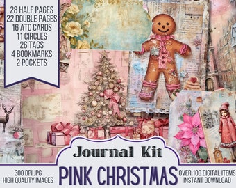 Pink Christmas Junk Journal Kit Ephemera, ATC, Tags, Pocket, Scrapbook Supply, Christmas, Over 100 Digital Items, Xmas Printable
