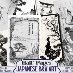 Japanisches Schwarz Weiß Art Junk Journal Digitale halbe Blätter, dekoratives bedruckbares Papier, Scrapbooking Zubehör, asiatisches Decoupage Kit