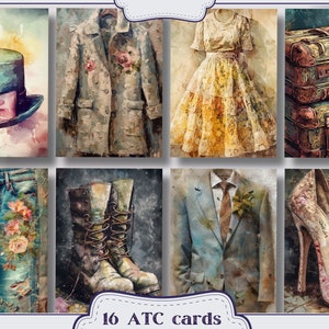 Pu&ograve; includere: Set di 16 carte ATC con illustrazioni ad acquerello di articoli di moda. Le immagini includono un cappello a cilindro, un cappotto con accenti floreali, un vestito, valigie impilate, jeans con design floreale, stivali, un abito e una scarpa con tacco alto. Il testo "16 ATC cards" &egrave; in basso.