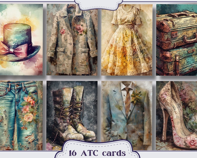 Pu&ograve; includere: Set di 16 carte ATC con illustrazioni ad acquerello di articoli di moda. Le immagini includono un cappello a cilindro, un cappotto con accenti floreali, un vestito, valigie impilate, jeans con design floreale, stivali, un abito e una scarpa con tacco alto. Il testo "16 ATC cards" &egrave; in basso.