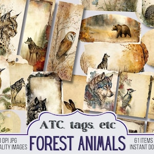 Könnte beinhalten: Eine Sammlung digitaler druckbarer Etiketten mit Aquarell-Illustrationen von Waldtieren, darunter Eulen, Wölfe, Hirsche, Bären und vieles mehr. Die Etiketten sind perfekt für Scrapbooking, Kartenherstellung und andere Bastelprojekte. Der Text auf dem Bild lautet "ATC, tags, etc. FOREST ANIMALS 61 ITEMS TOTAL INSTANT DOWNLOAD".