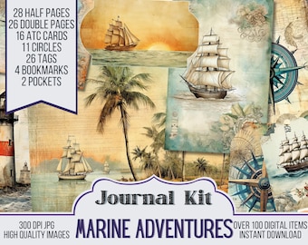 Kit diario di spazzatura Marine Adventures Ephemera, ATC, etichette, tascabile, fornitura per album, pagine di mare e oceano, oltre 100 articoli digitali, digitali