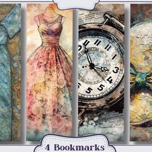 Pu&ograve; includere: Set di quattro segnalibri decorativi con illustrazioni in stile vintage. I disegni includono un abito blu, un abito floreale rosa, un orologio da tasca e un cappello con un fiocco. Il testo "4 Bookmarks" &egrave; in basso.