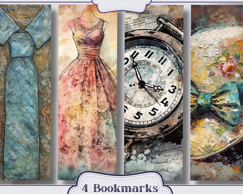 Pu&ograve; includere: Set di quattro segnalibri decorativi con illustrazioni in stile vintage. I disegni includono un abito blu, un abito floreale rosa, un orologio da tasca e un cappello con un fiocco. Il testo "4 Bookmarks" &egrave; in basso.