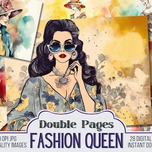 May include: A digital collage of watercolor illustrations featuring women in various styles and poses. The collage includes a woman wearing sunglasses and a floral dress, a woman in a hat and a floral dress, and a woman in a long dress. The text "Double Pages FASHION QUEEN" is displayed in the center of the collage.