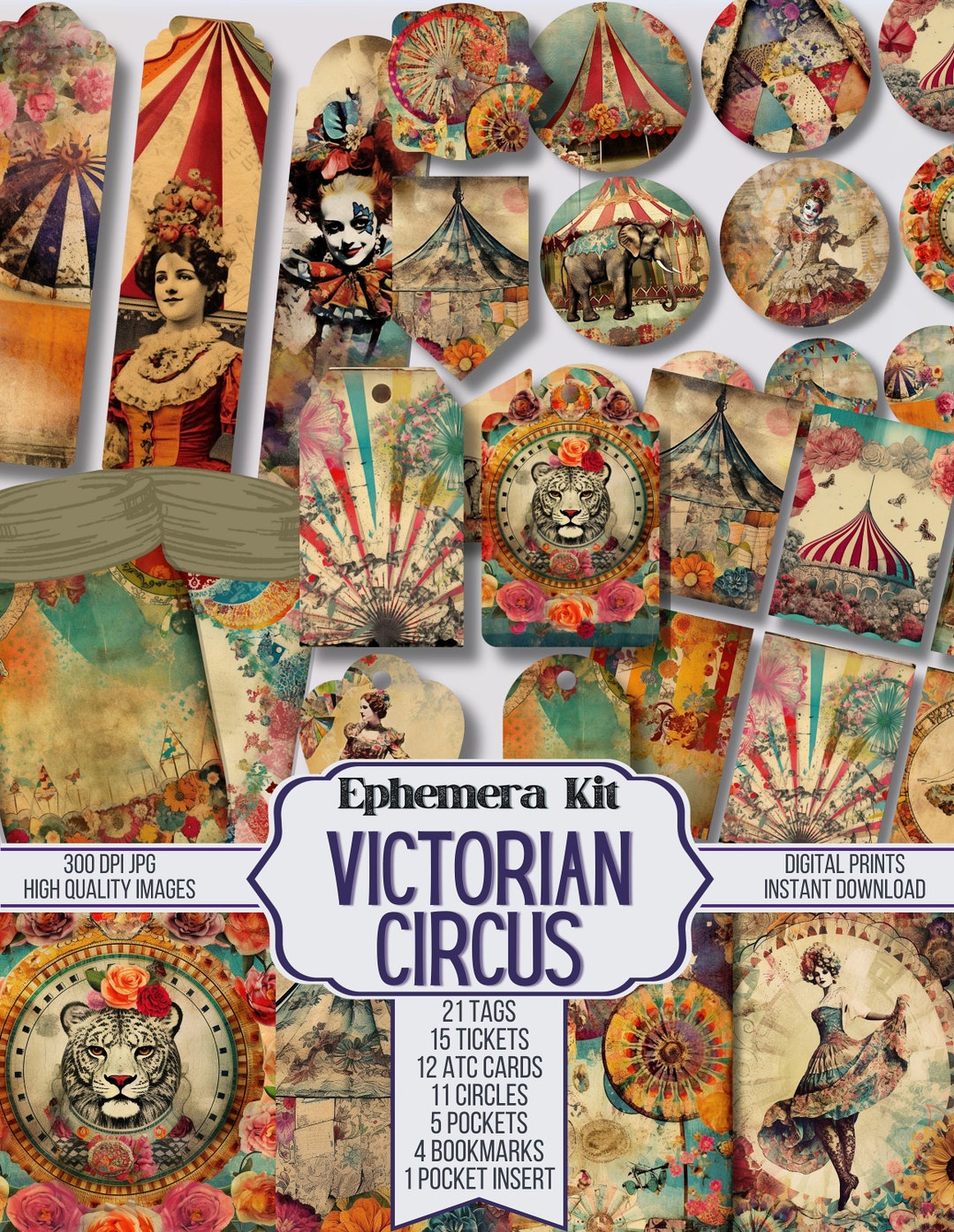 Victorian Circus Junk Journal Vintage Ephemera Kit, Tickets, ATC, Tags ...